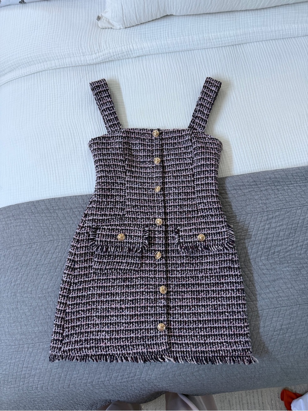 Dynamite Black and Pink Tweed Button-Front Dress